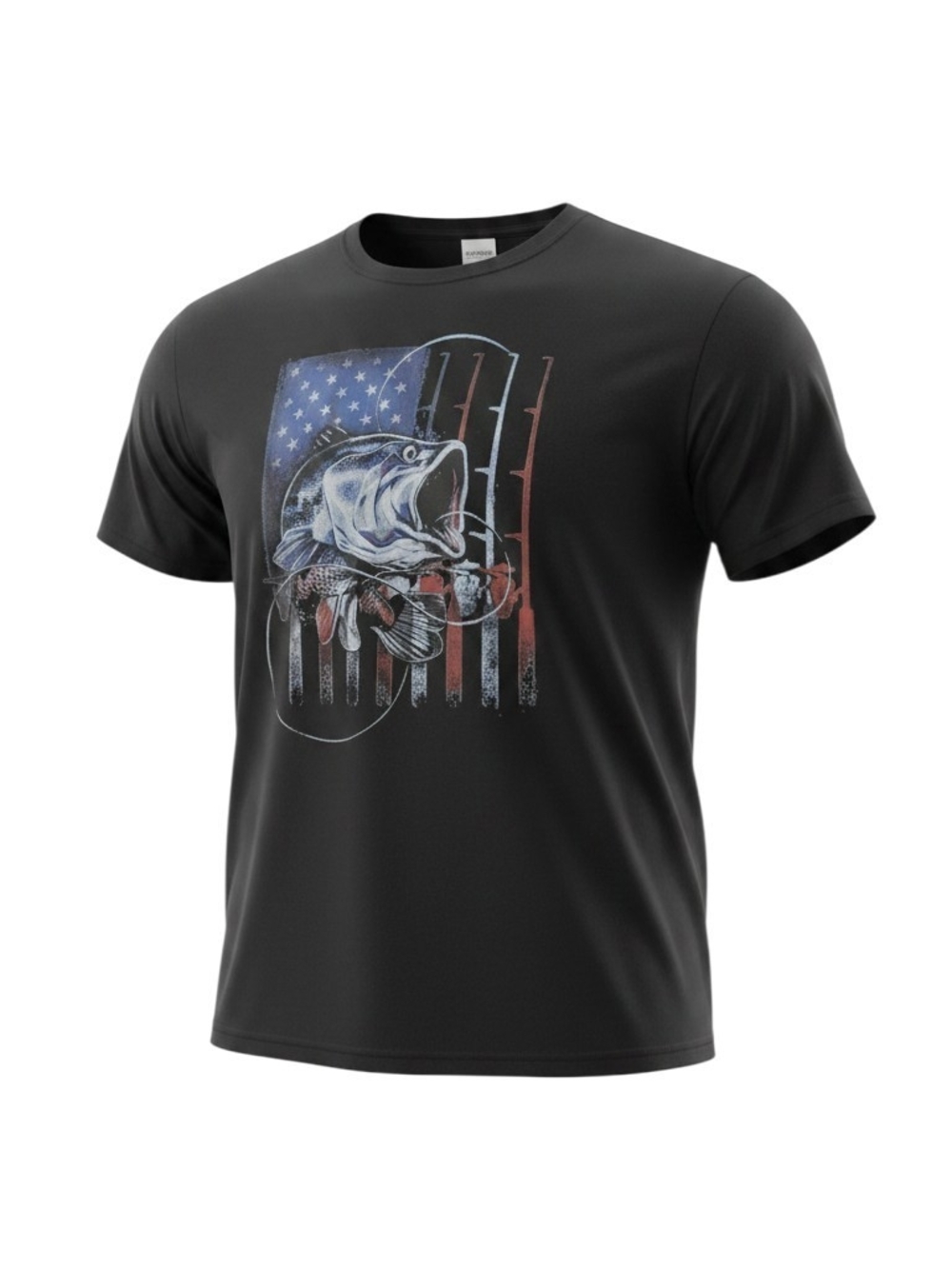 Men's Black Graphic Fishing Tee - American Flag Bass Design
